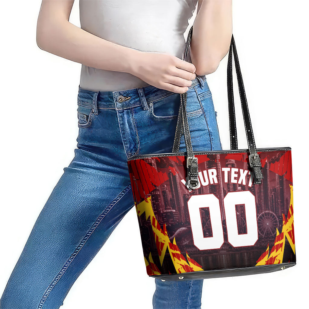 Personalised Gold Coast Suns Football Leather Tote Bag Electric Red Flame Mascot Charging Cityscape