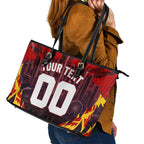 Personalised Gold Coast Suns Football Leather Tote Bag Electric Red Flame Mascot Charging Cityscape