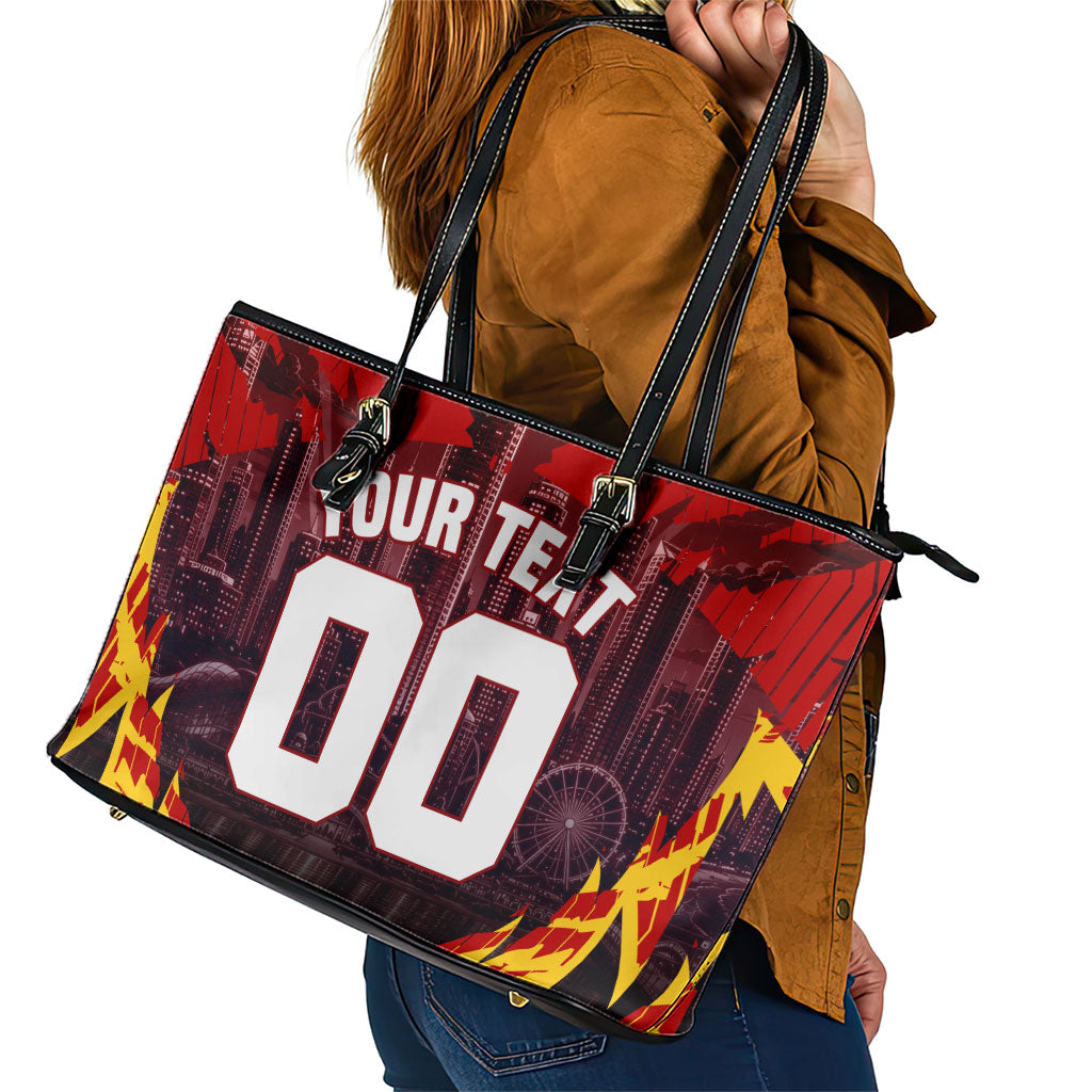 Personalised Gold Coast Suns Football Leather Tote Bag Electric Red Flame Mascot Charging Cityscape