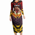 Personalised Gold Coast Suns Football Long Sleeve Bodycon Dress Electric Red Flame Mascot Charging Cityscape
