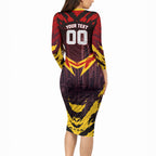 Personalised Gold Coast Suns Football Long Sleeve Bodycon Dress Electric Red Flame Mascot Charging Cityscape