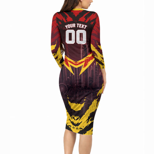 Personalised Gold Coast Suns Football Long Sleeve Bodycon Dress Electric Red Flame Mascot Charging Cityscape