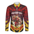 Personalised Gold Coast Suns Football Long Sleeve Button Shirt Electric Red Flame Mascot Charging Cityscape