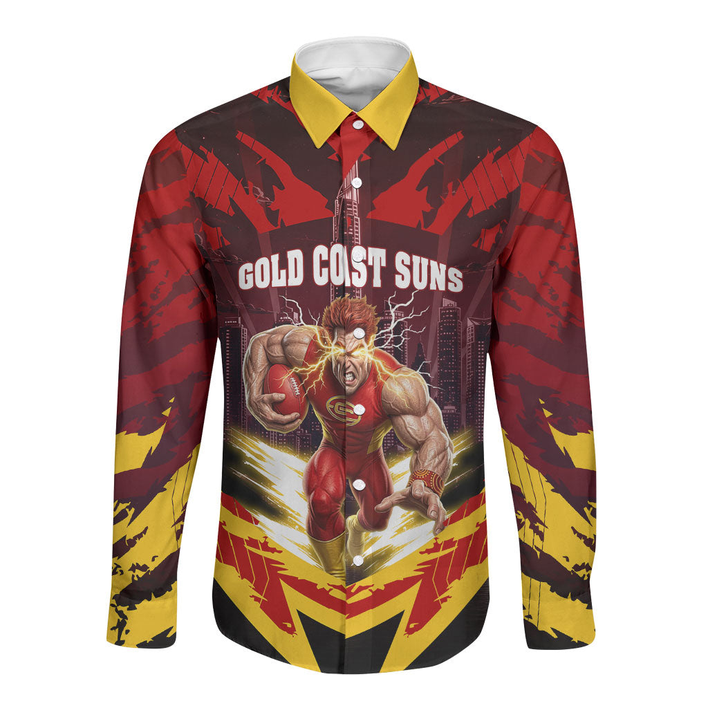 Personalised Gold Coast Suns Football Long Sleeve Button Shirt Electric Red Flame Mascot Charging Cityscape