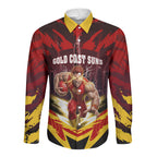 Personalised Gold Coast Suns Football Long Sleeve Button Shirt Electric Red Flame Mascot Charging Cityscape