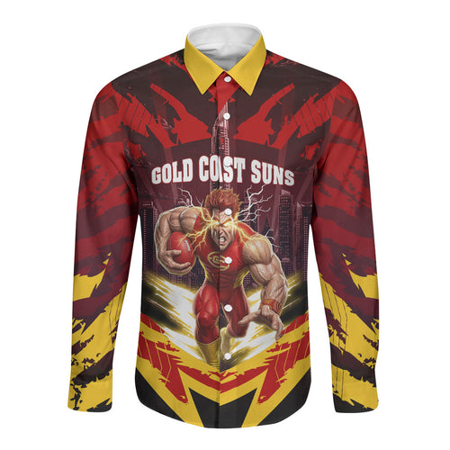 Personalised Gold Coast Suns Football Long Sleeve Button Shirt Electric Red Flame Mascot Charging Cityscape