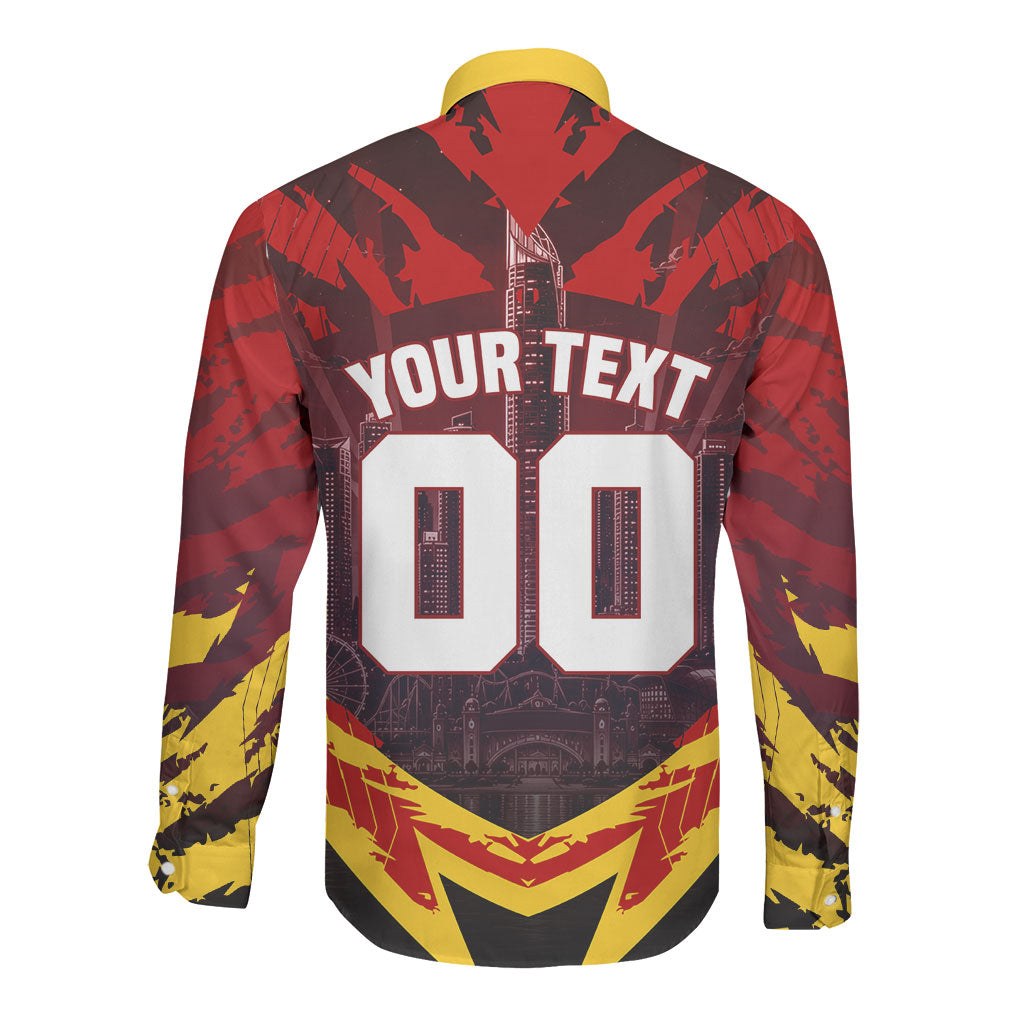 Personalised Gold Coast Suns Football Long Sleeve Button Shirt Electric Red Flame Mascot Charging Cityscape