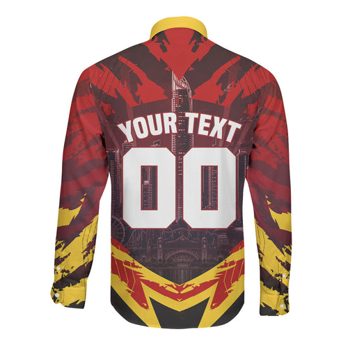Personalised Gold Coast Suns Football Long Sleeve Button Shirt Electric Red Flame Mascot Charging Cityscape