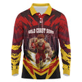 Personalised Gold Coast Suns Football Long Sleeve Polo Shirt Electric Red Flame Mascot Charging Cityscape