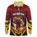Personalised Gold Coast Suns Football Long Sleeve Polo Shirt Electric Red Flame Mascot Charging Cityscape