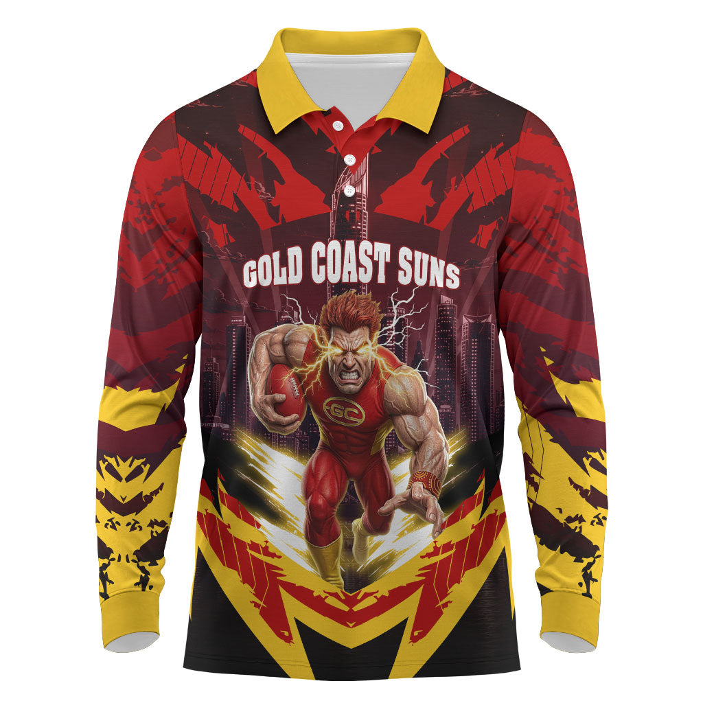 Personalised Gold Coast Suns Football Long Sleeve Polo Shirt Electric Red Flame Mascot Charging Cityscape