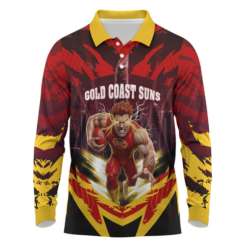Personalised Gold Coast Suns Football Long Sleeve Polo Shirt Electric Red Flame Mascot Charging Cityscape