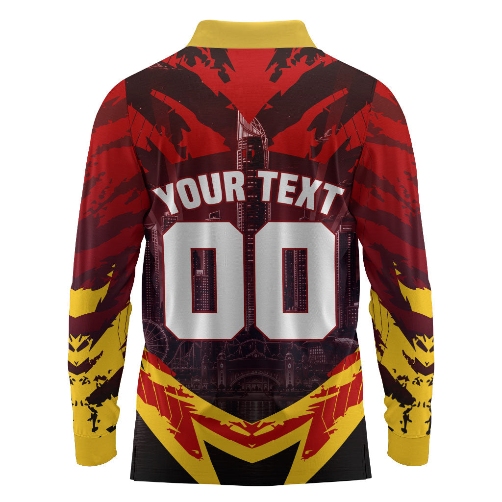Personalised Gold Coast Suns Football Long Sleeve Polo Shirt Electric Red Flame Mascot Charging Cityscape