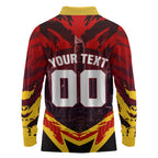 Personalised Gold Coast Suns Football Long Sleeve Polo Shirt Electric Red Flame Mascot Charging Cityscape