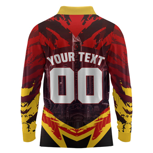 Personalised Gold Coast Suns Football Long Sleeve Polo Shirt Electric Red Flame Mascot Charging Cityscape