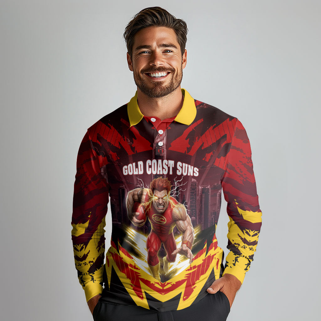 Personalised Gold Coast Suns Football Long Sleeve Polo Shirt Electric Red Flame Mascot Charging Cityscape