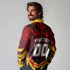 Personalised Gold Coast Suns Football Long Sleeve Polo Shirt Electric Red Flame Mascot Charging Cityscape