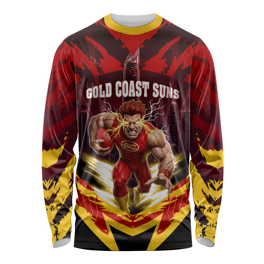Personalised Gold Coast Suns Football Long Sleeve Shirt Electric Red Flame Mascot Charging Cityscape