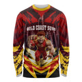 Personalised Gold Coast Suns Football Long Sleeve Shirt Electric Red Flame Mascot Charging Cityscape