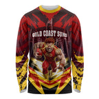 Personalised Gold Coast Suns Football Long Sleeve Shirt Electric Red Flame Mascot Charging Cityscape