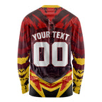 Personalised Gold Coast Suns Football Long Sleeve Shirt Electric Red Flame Mascot Charging Cityscape