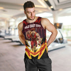 Personalised Gold Coast Suns Football Men Tank Top Electric Red Flame Mascot Charging Cityscape