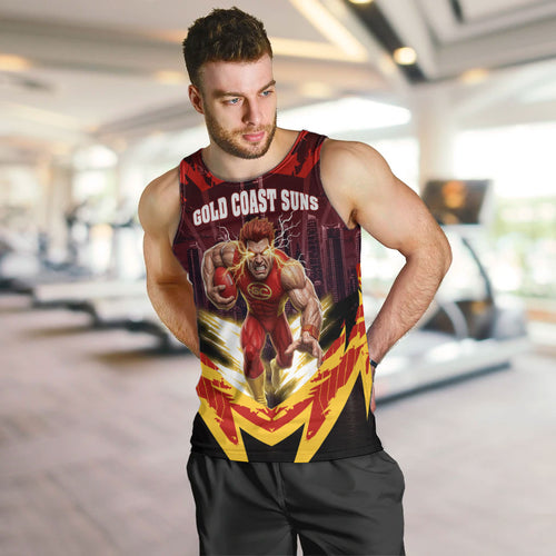 Personalised Gold Coast Suns Football Men Tank Top Electric Red Flame Mascot Charging Cityscape