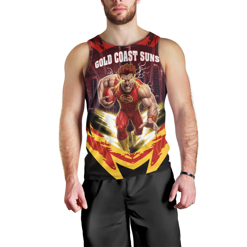 Personalised Gold Coast Suns Football Men Tank Top Electric Red Flame Mascot Charging Cityscape