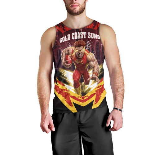 Personalised Gold Coast Suns Football Men Tank Top Electric Red Flame Mascot Charging Cityscape
