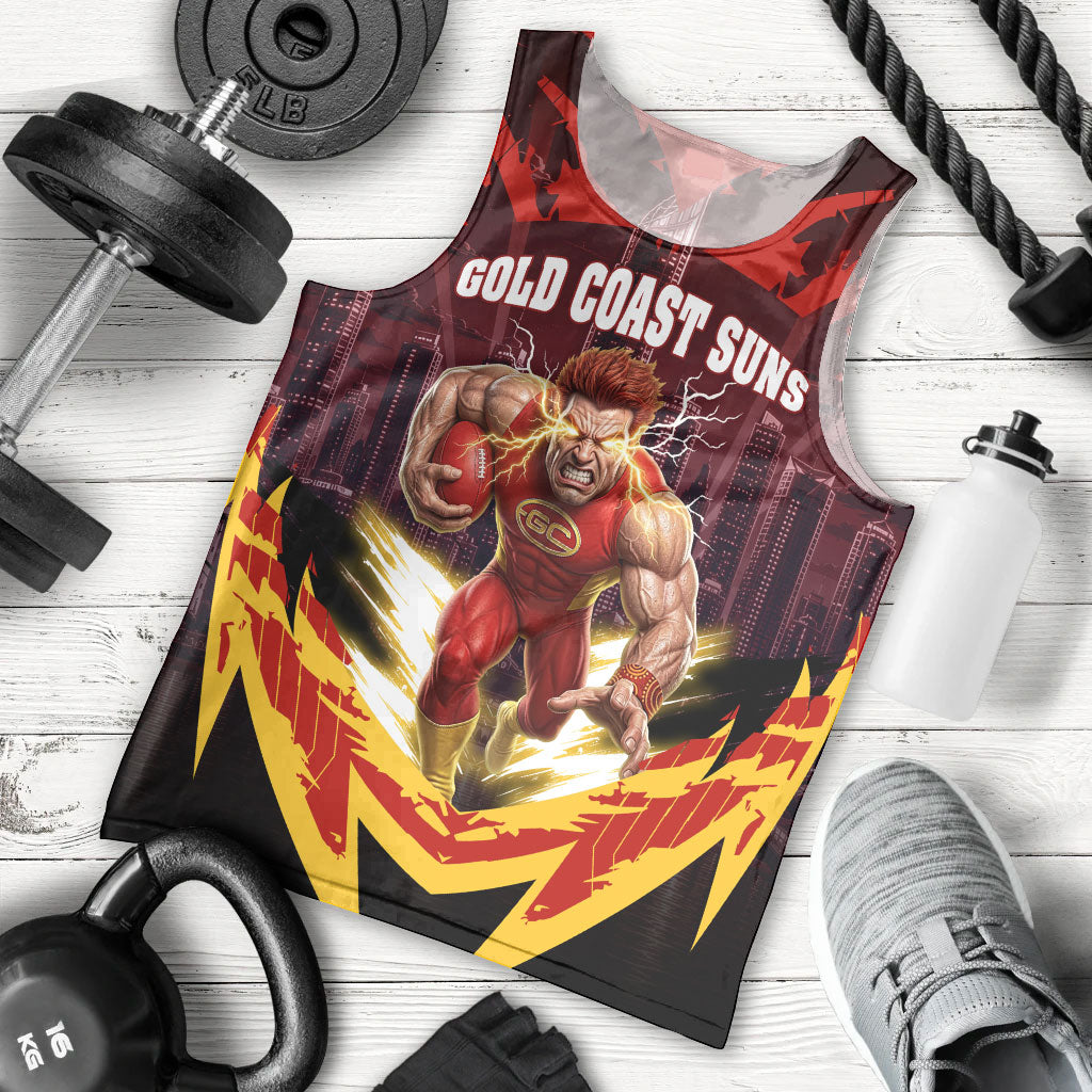 Personalised Gold Coast Suns Football Men Tank Top Electric Red Flame Mascot Charging Cityscape