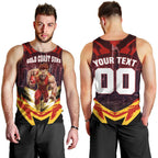 Personalised Gold Coast Suns Football Men Tank Top Electric Red Flame Mascot Charging Cityscape