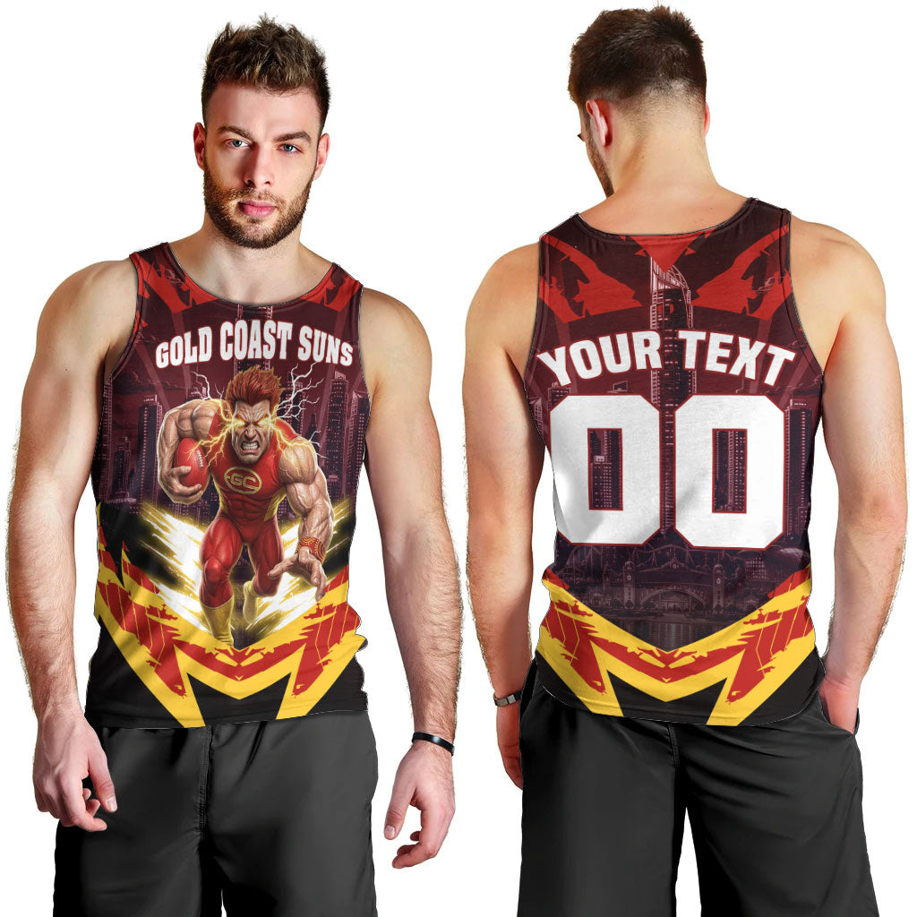 Personalised Gold Coast Suns Football Men Tank Top Electric Red Flame Mascot Charging Cityscape