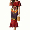 Personalised Gold Coast Suns Football Mermaid Dress Electric Red Flame Mascot Charging Cityscape