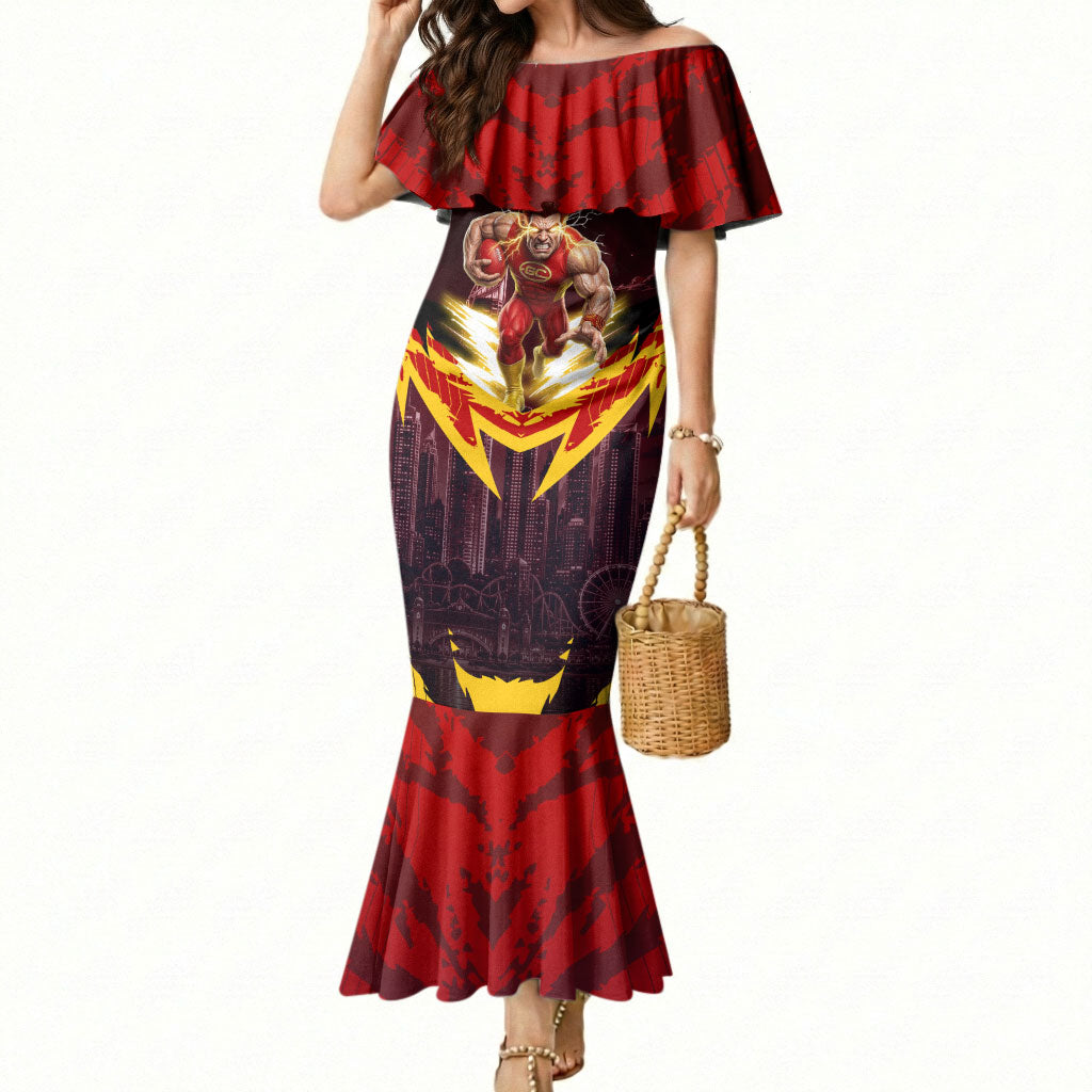 Personalised Gold Coast Suns Football Mermaid Dress Electric Red Flame Mascot Charging Cityscape