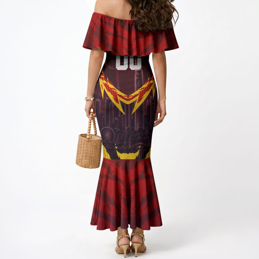 Personalised Gold Coast Suns Football Mermaid Dress Electric Red Flame Mascot Charging Cityscape
