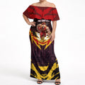 Personalised Gold Coast Suns Football Off Shoulder Maxi Dress Electric Red Flame Mascot Charging Cityscape