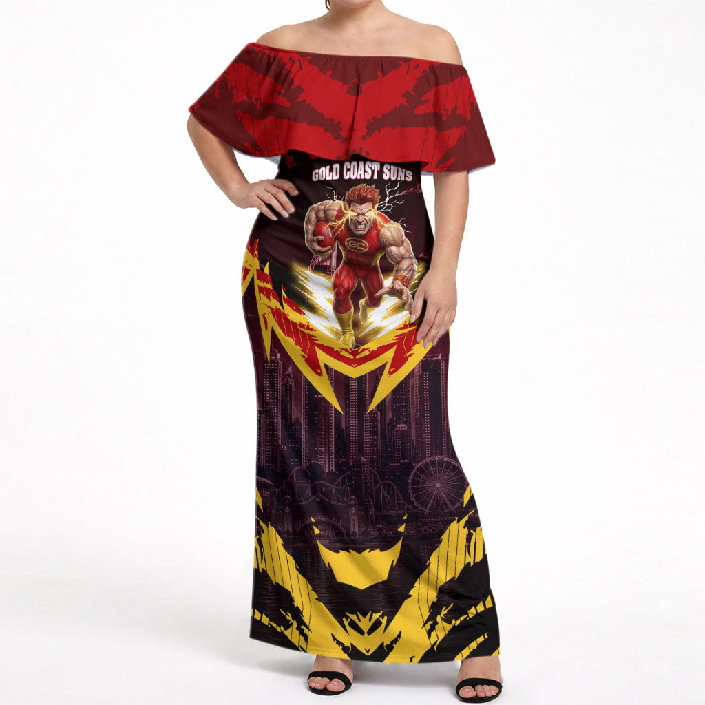 Personalised Gold Coast Suns Football Off Shoulder Maxi Dress Electric Red Flame Mascot Charging Cityscape
