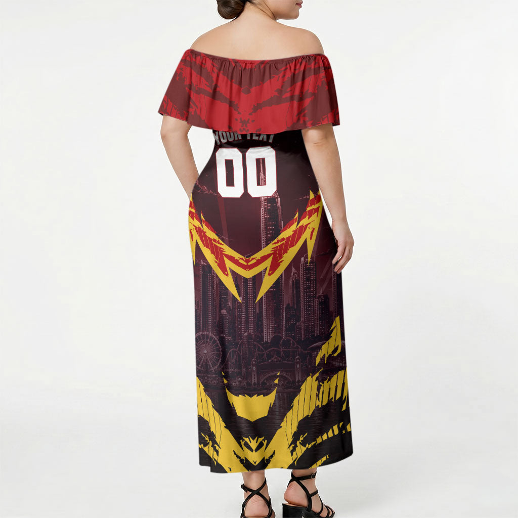 Personalised Gold Coast Suns Football Off Shoulder Maxi Dress Electric Red Flame Mascot Charging Cityscape