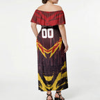 Personalised Gold Coast Suns Football Off Shoulder Maxi Dress Electric Red Flame Mascot Charging Cityscape