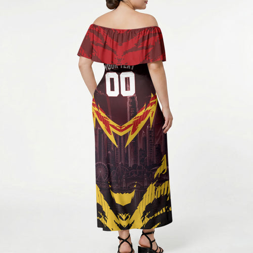 Personalised Gold Coast Suns Football Off Shoulder Maxi Dress Electric Red Flame Mascot Charging Cityscape