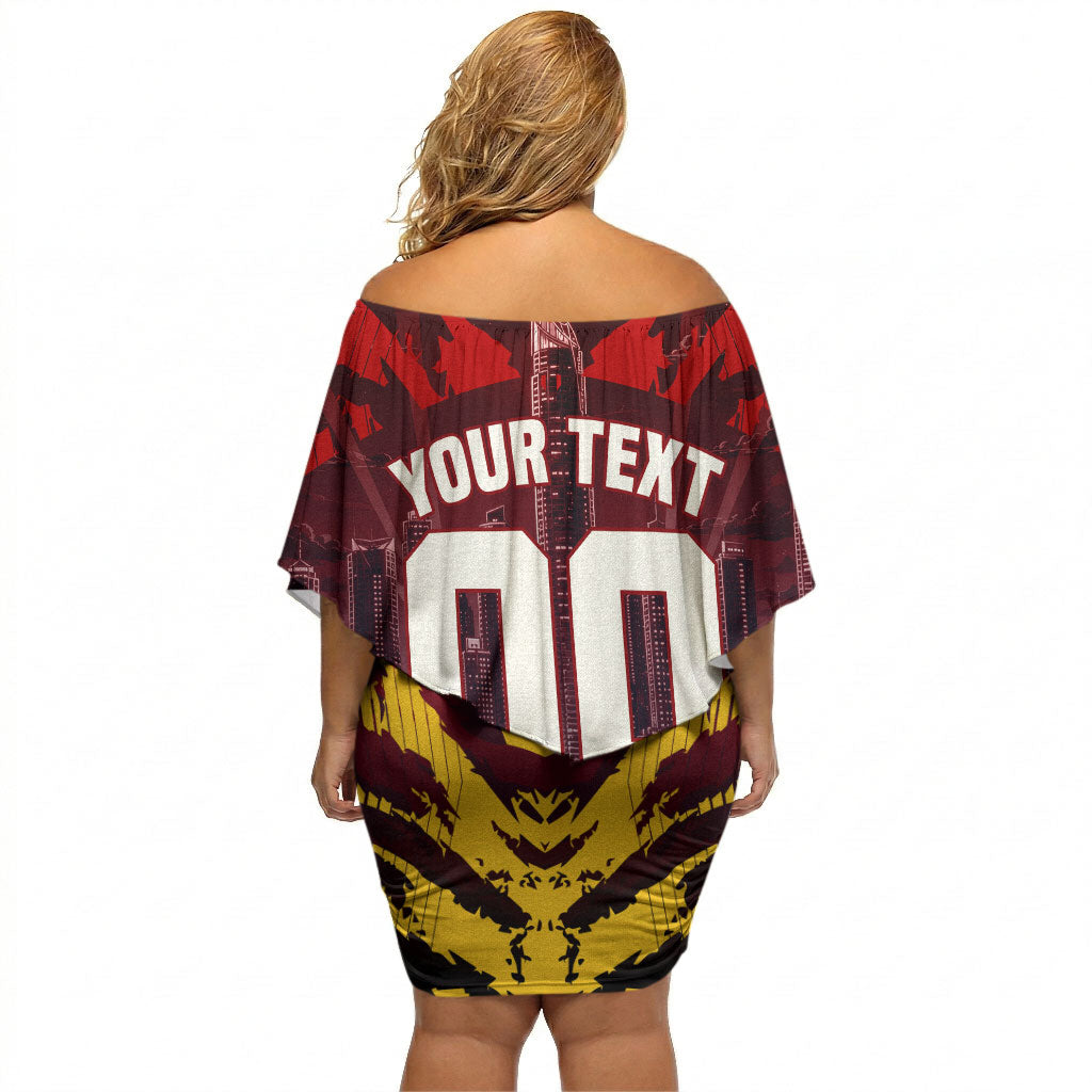Personalised Gold Coast Suns Football Off Shoulder Short Dress Electric Red Flame Mascot Charging Cityscape