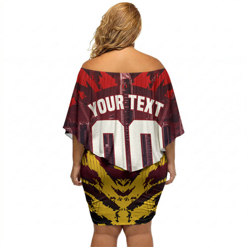 Personalised Gold Coast Suns Football Off Shoulder Short Dress Electric Red Flame Mascot Charging Cityscape