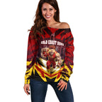 Personalised Gold Coast Suns Football Off Shoulder Sweater Electric Red Flame Mascot Charging Cityscape