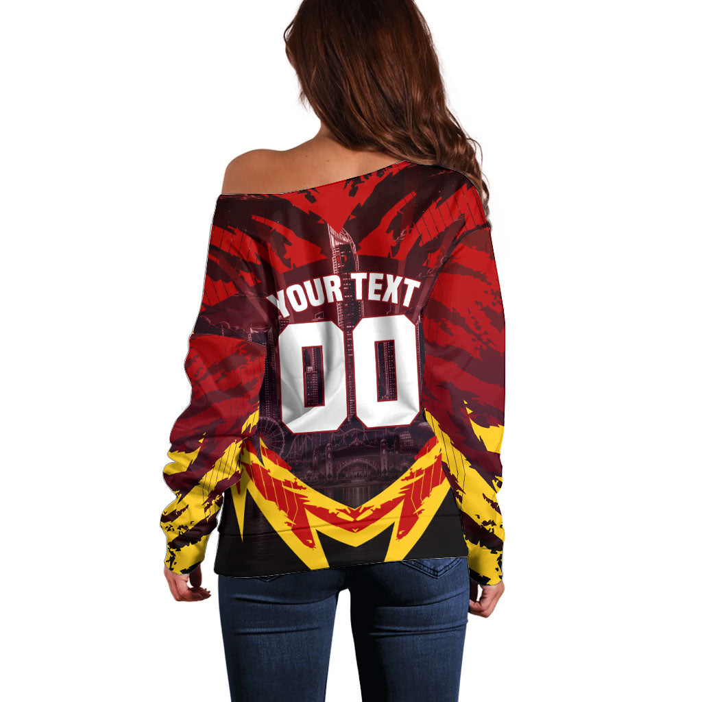 Personalised Gold Coast Suns Football Off Shoulder Sweater Electric Red Flame Mascot Charging Cityscape