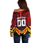 Personalised Gold Coast Suns Football Off Shoulder Sweater Electric Red Flame Mascot Charging Cityscape