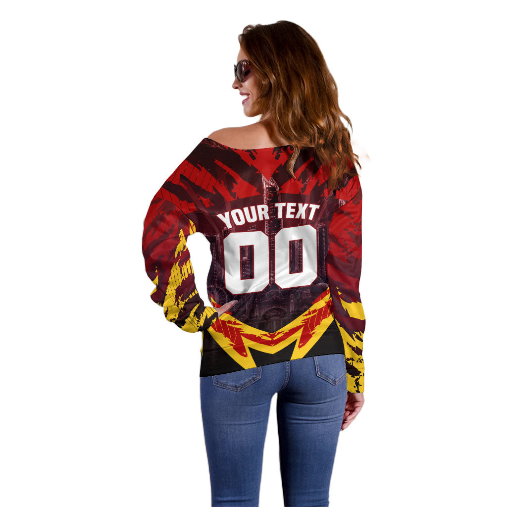 Personalised Gold Coast Suns Football Off Shoulder Sweater Electric Red Flame Mascot Charging Cityscape