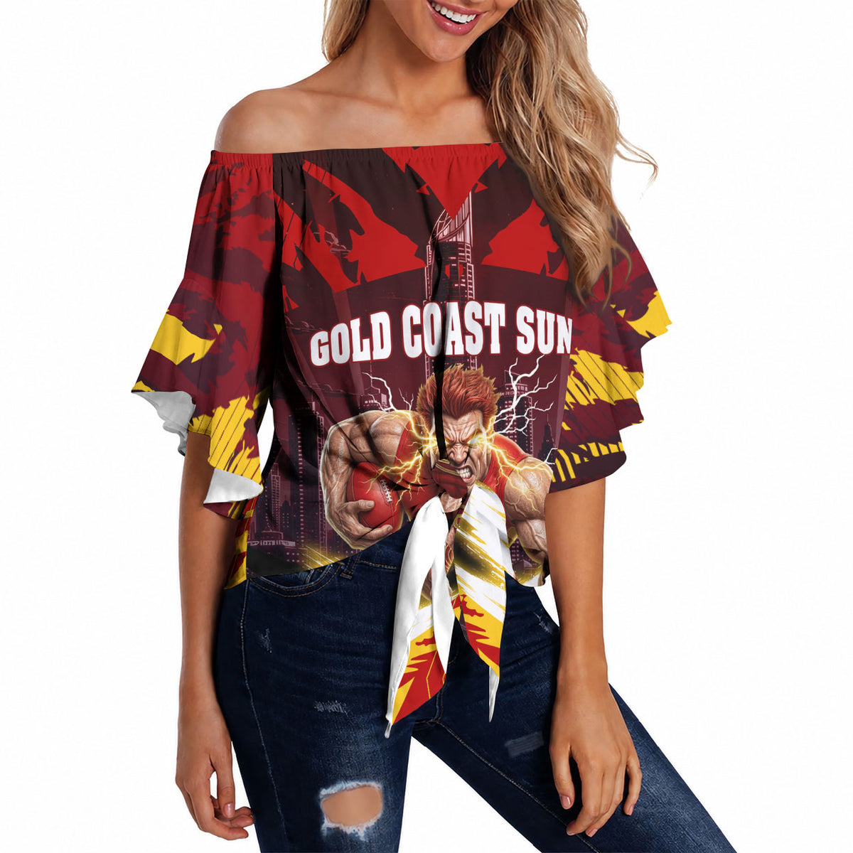 Personalised Gold Coast Suns Football Off Shoulder Wrap Waist Top Electric Red Flame Mascot Charging Cityscape