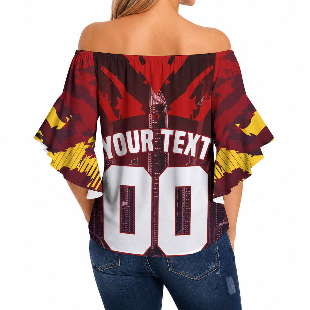 Personalised Gold Coast Suns Football Off Shoulder Wrap Waist Top Electric Red Flame Mascot Charging Cityscape