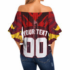 Personalised Gold Coast Suns Football Off Shoulder Wrap Waist Top Electric Red Flame Mascot Charging Cityscape