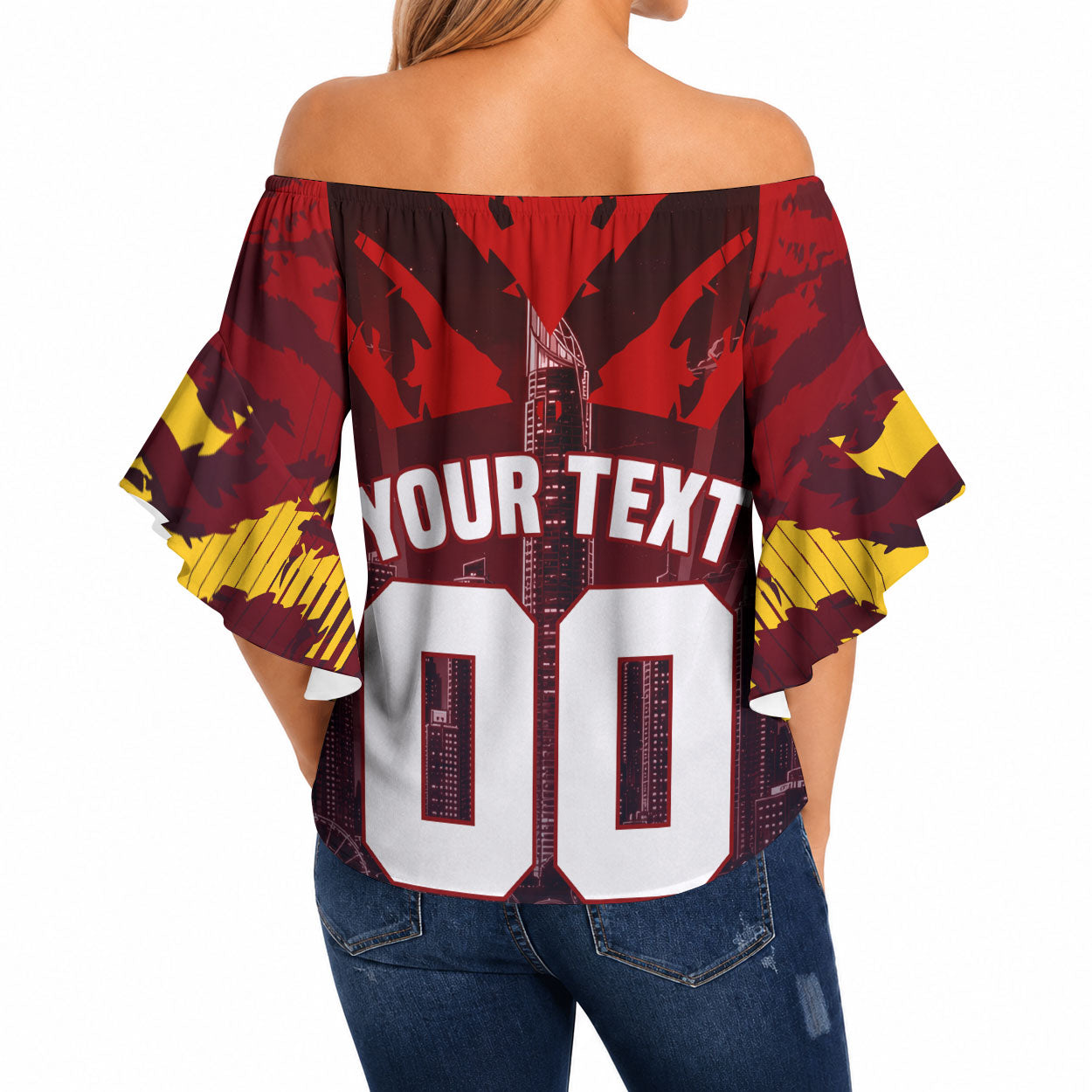 Personalised Gold Coast Suns Football Off Shoulder Wrap Waist Top Electric Red Flame Mascot Charging Cityscape